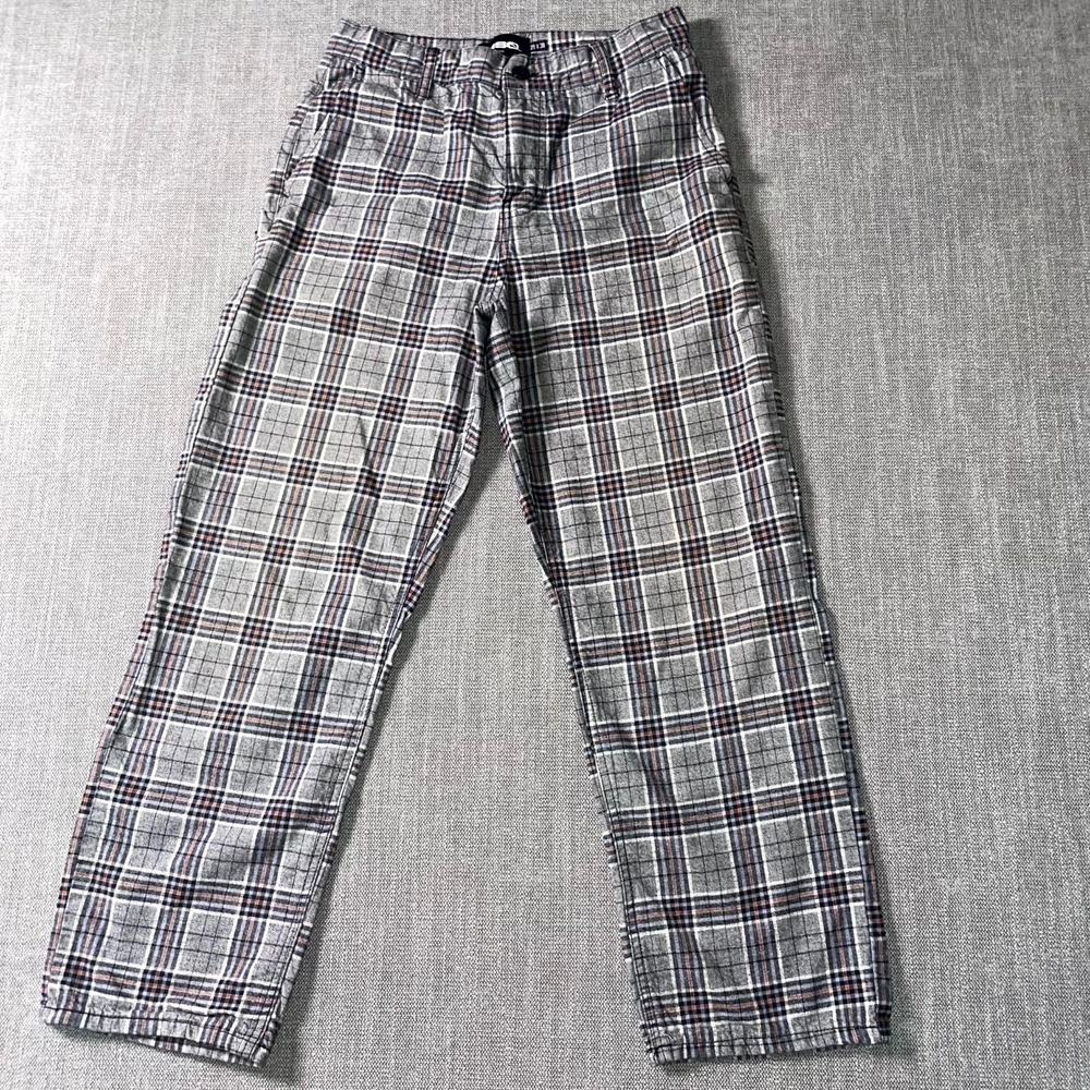 RSQ Chino Pants Mens 28x32 Gray Plaid Straight Leg Flat Front Mid Rise Loose Fit